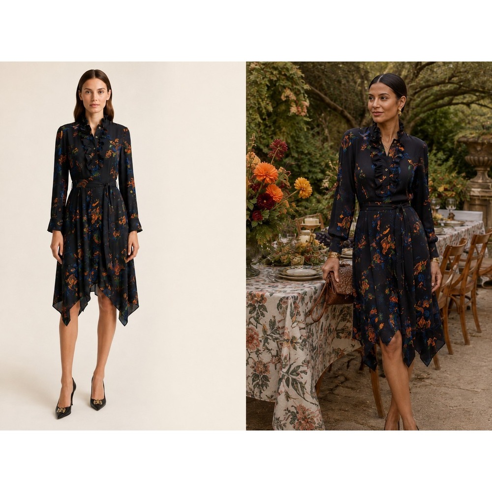 Tory Burch Black Floral Ruffle Handkerchief Hem Midi Shirt Dress 74814 Size 6